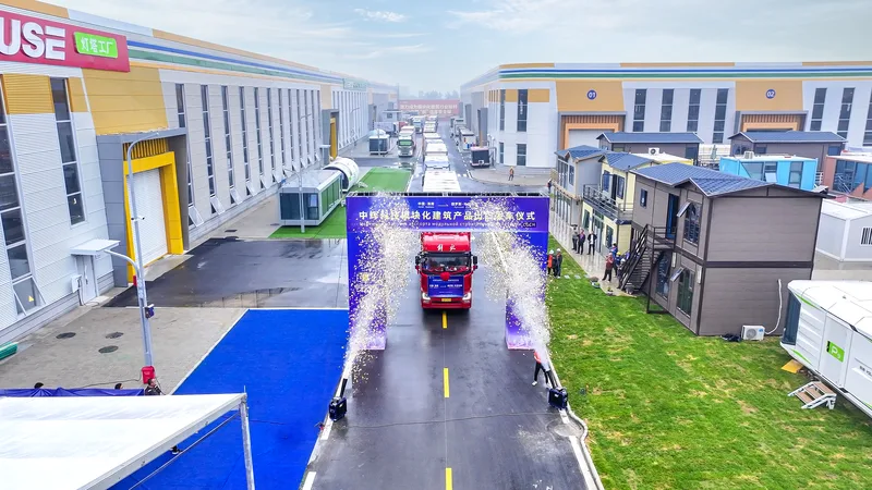 Aerial of CGCH export truck driving out of the Russia-bound modular product launch ceremony, with confetti and showroom backdrop