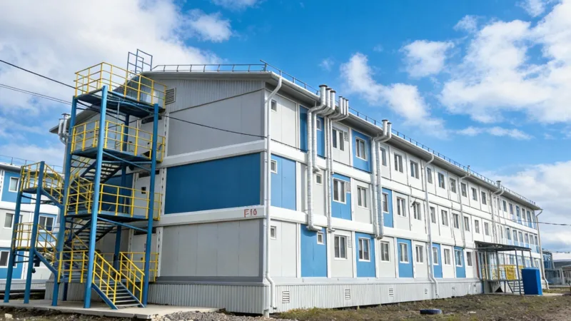 CGCH 3-story factory dormitory (unit F10) with yellow exterior staircases and HVAC stacks at an industrial site