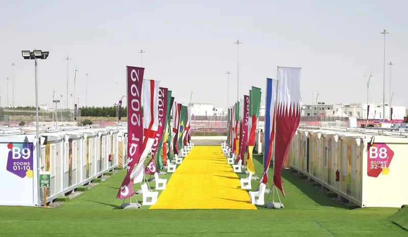 CGCH-built accommodation village for FIFA World Cup 2022 in Qatar — rows of white prefab cabins delivered in 11 months