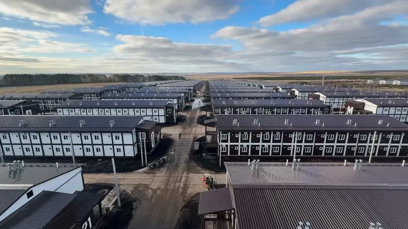 CGCH large-scale worker compound deployed in Russia — multi-row stacked container accommodation, ¥5B single-order record