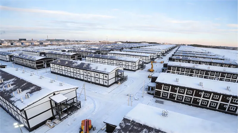 CGCH prefab flat-pack camp deployed on a snow-covered oil-field site — two- and three-story stacked units engineered for sub-zero climates