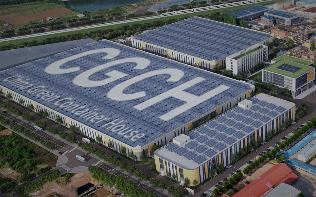 CGCH Guangzhou HQ factory complex — 234,000 m² manufacturing floor with solar roof, exporting container houses to 43 countries since 2006